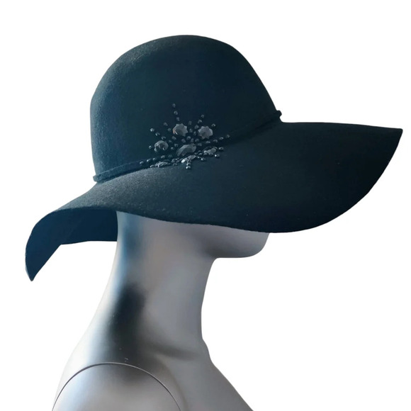 DAVID & YOUNG Jewel Starburst Floppy Hat Black Boho O/S - Picture 1 of 12